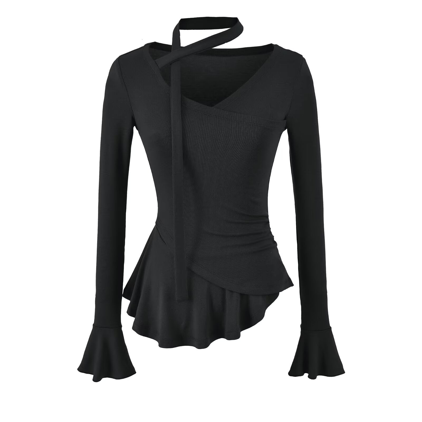 Long Sleeve V-Neck Tie Flare Sleeve Ruched Waist Top