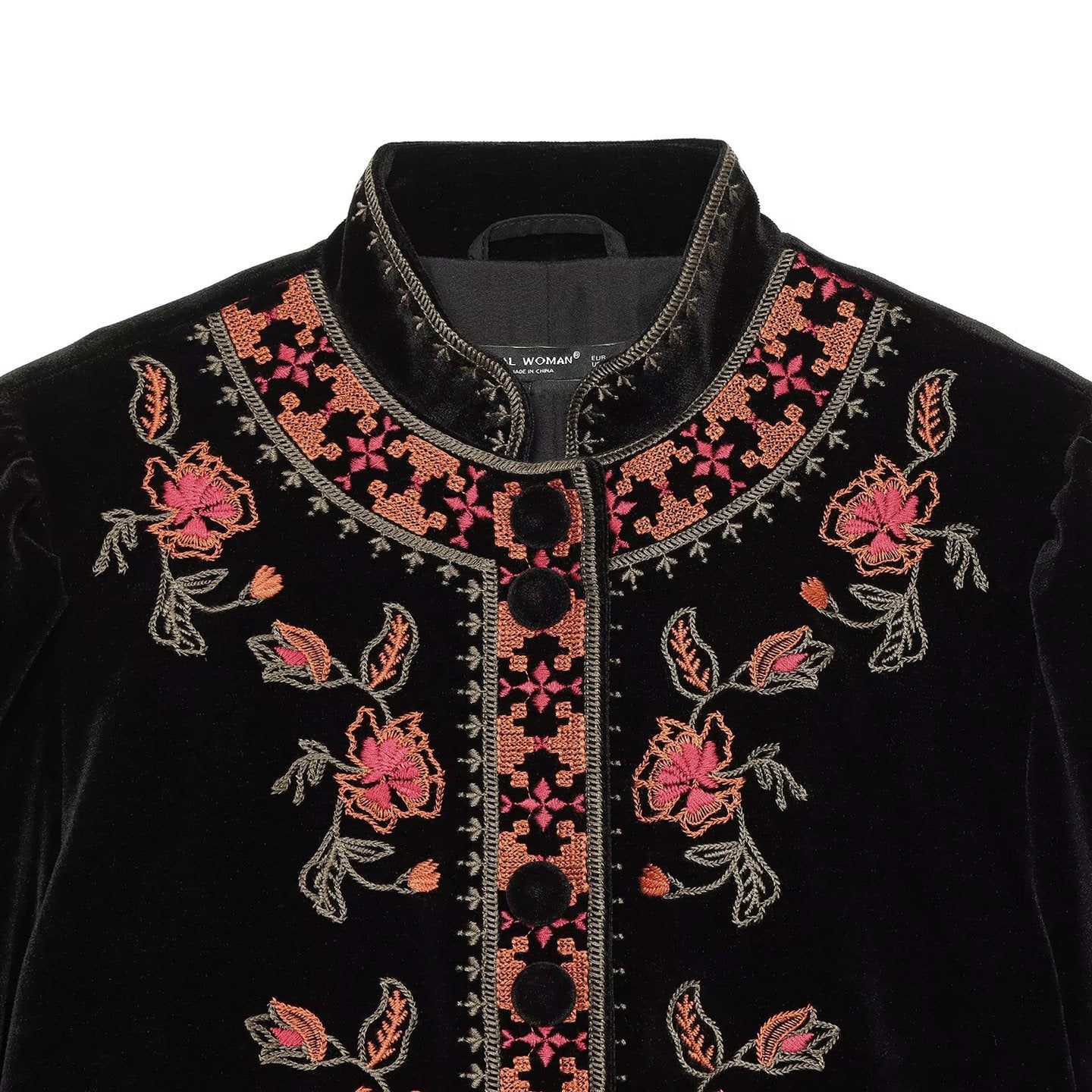 Casual style long sleeved stand up collar embroidered jacket