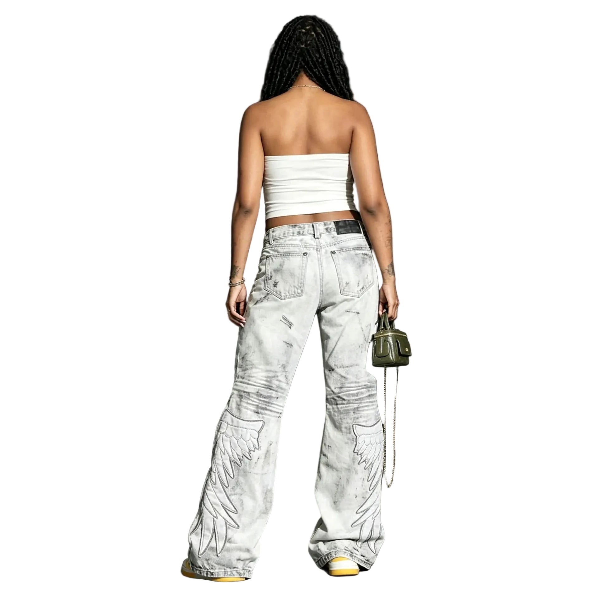Punk Distressed Wings Applique Denim Pants