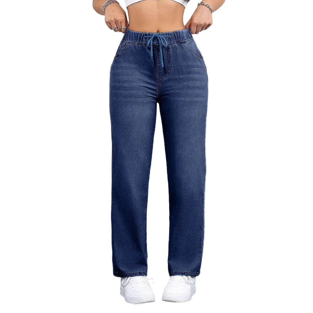 Oversized Jeans Drawstring Elastic Waistband Plain Washed Blue Casual - cas7m