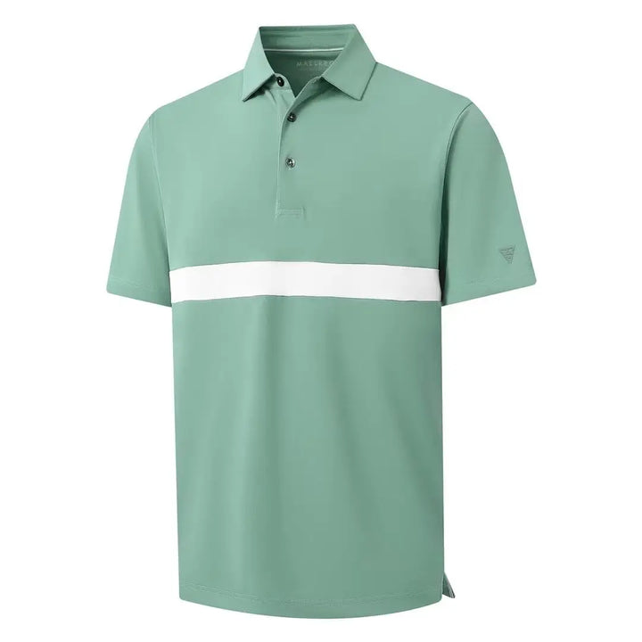 Green polo shirt with a white stripe on a white background