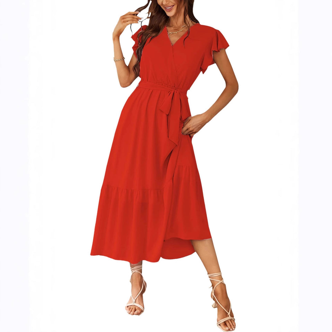 Womens Floral Print Flounce Short-Sleeve Midi Dress - cas7m