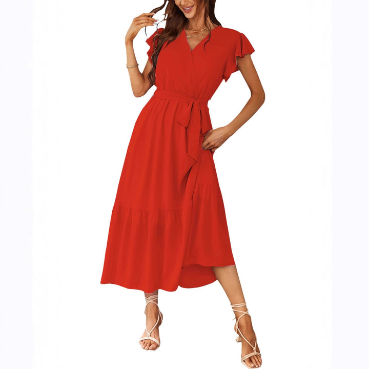 Womens Floral Print Flounce Short-Sleeve Midi Dress - cas7m