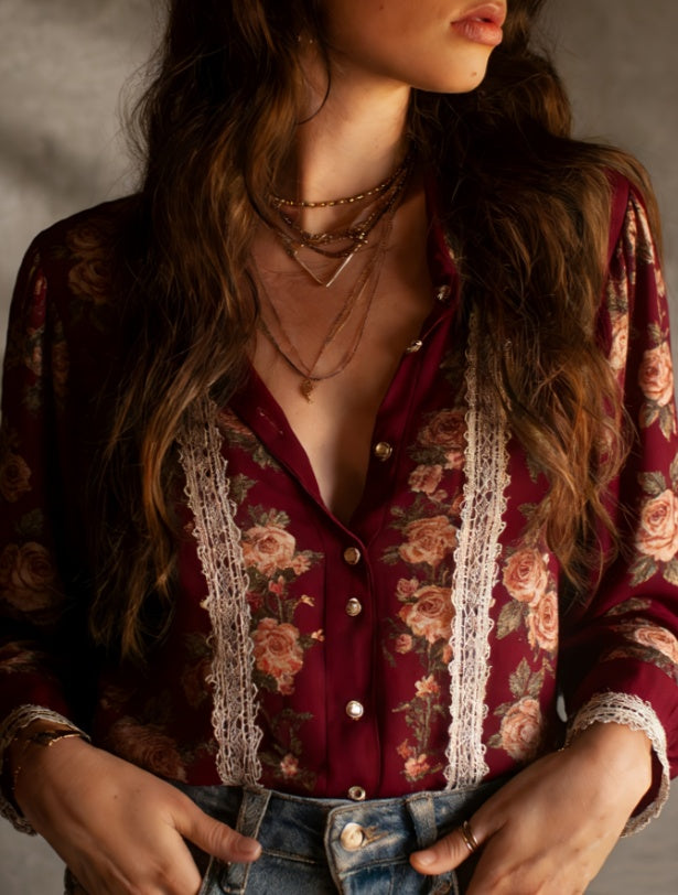 French Retro Style Lace Floral Print Shirt For Women - cas7m
