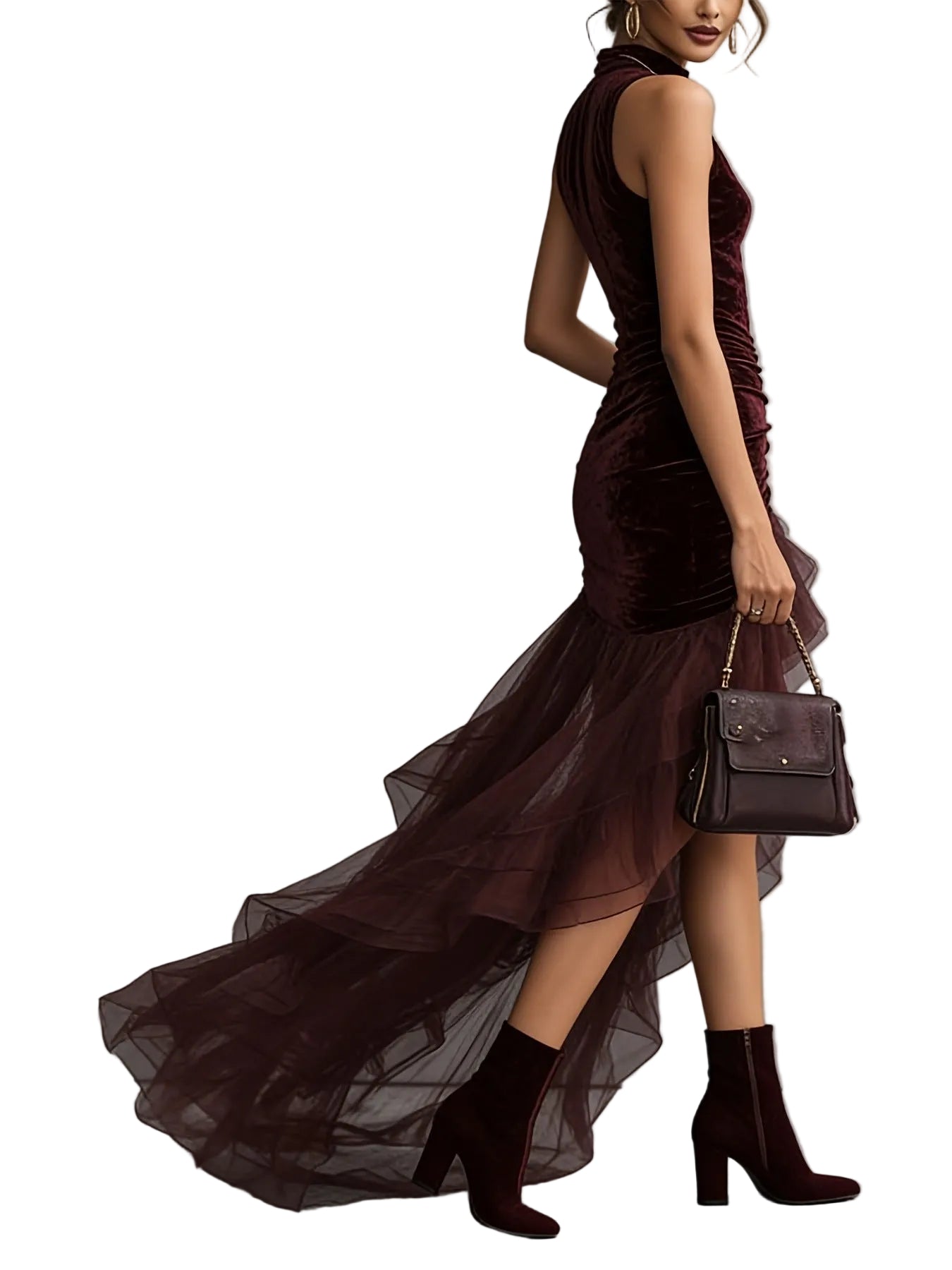 Women's Velvet High-Neck Sleeveless Evening Dress with Pleated Tulle Train