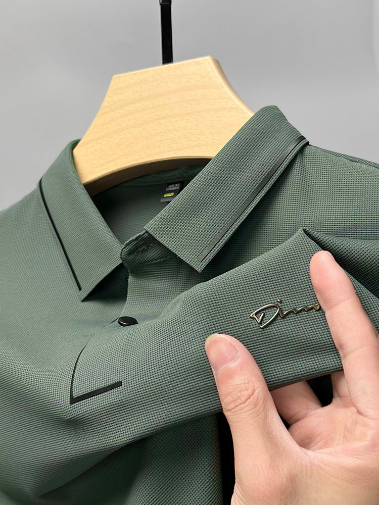 Ice Silk Short Sleeve T-shirt Men's Shirt Collar Summer Polo Shirt Loose Clothes Split - cas7m