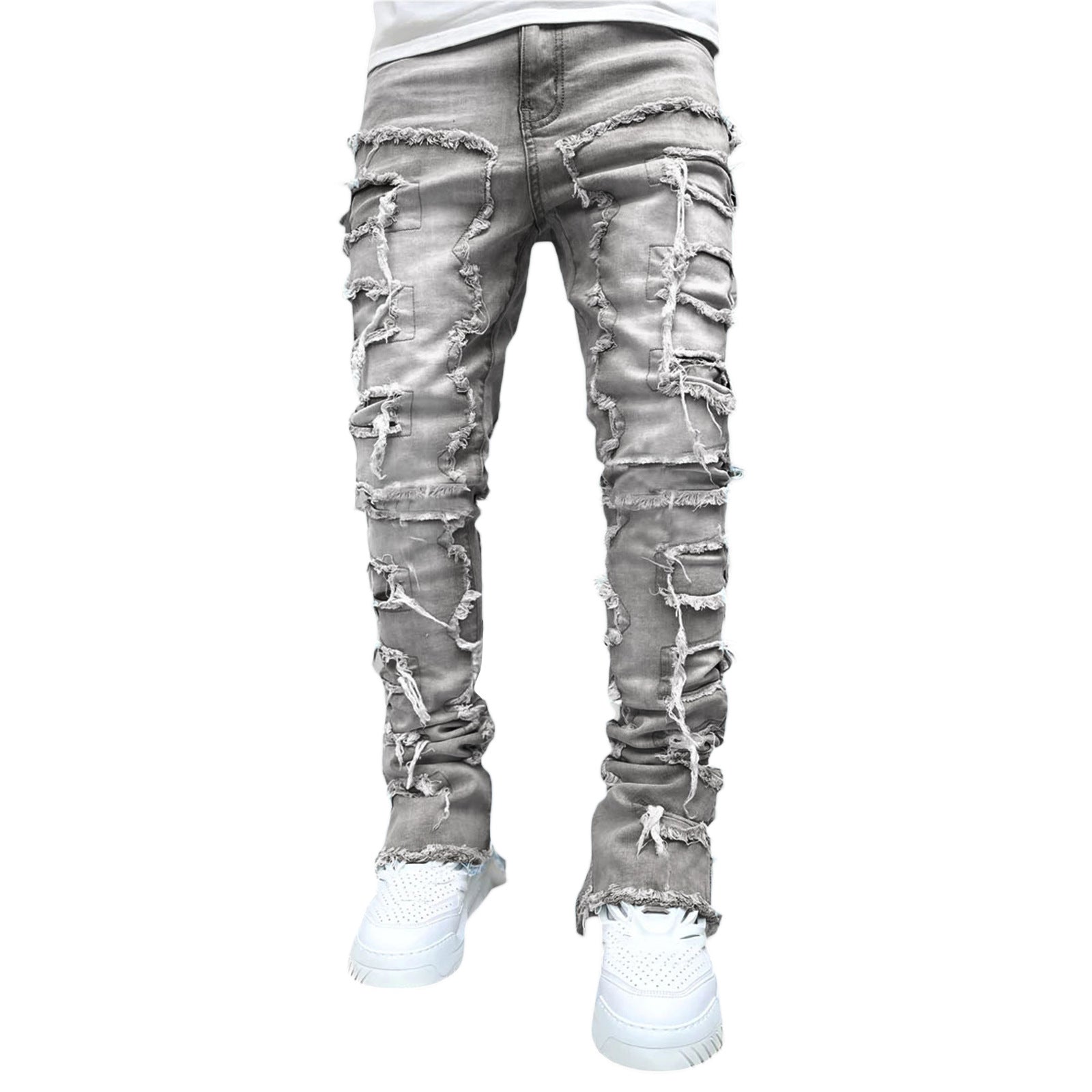 Ins Fringes Ripped Trousers Individual Patched Pants Long Tight Fit Stacked Jeans For Mens Clothing - cas7m