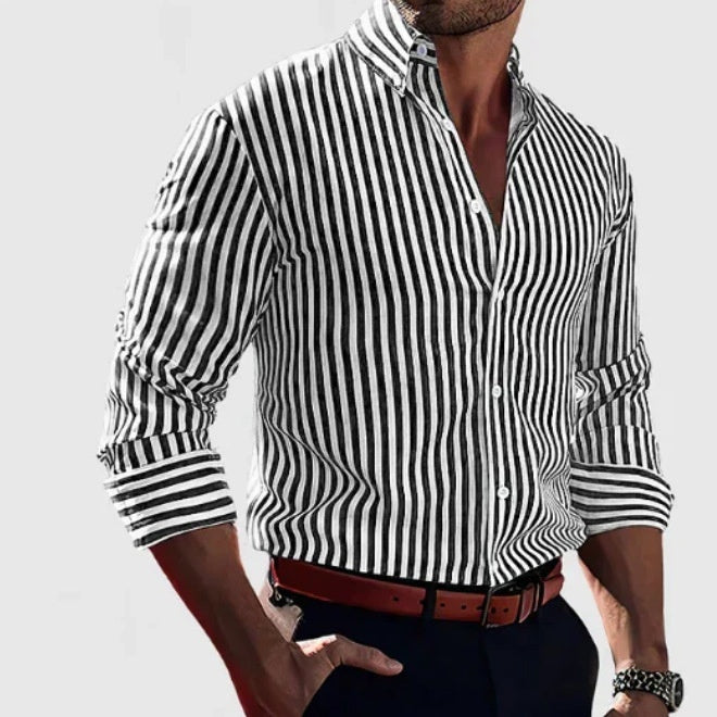 Ins Stripe Printed Long Sleeve Shirt Men Fashion Casual Lapel Button Top Clothing - cas7m
