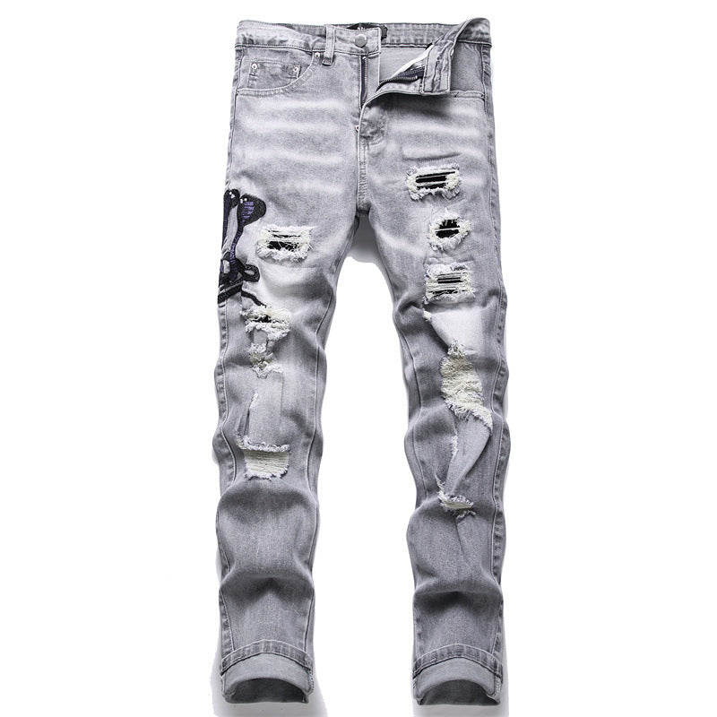Fashion Gray Hole Patch Embroidery Cobra Stretch Feet Men's Jeans - cas7m