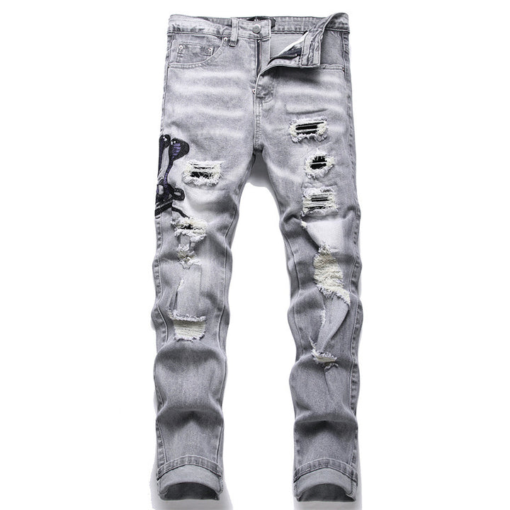 Fashion Gray Hole Patch Embroidery Cobra Stretch Feet Men's Jeans - cas7m
