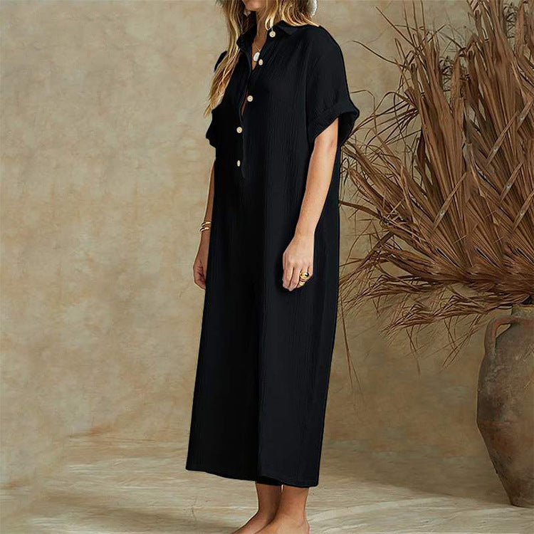 Casual Loose Long Jumpsuit Short Sleeve Rompers - cas7m