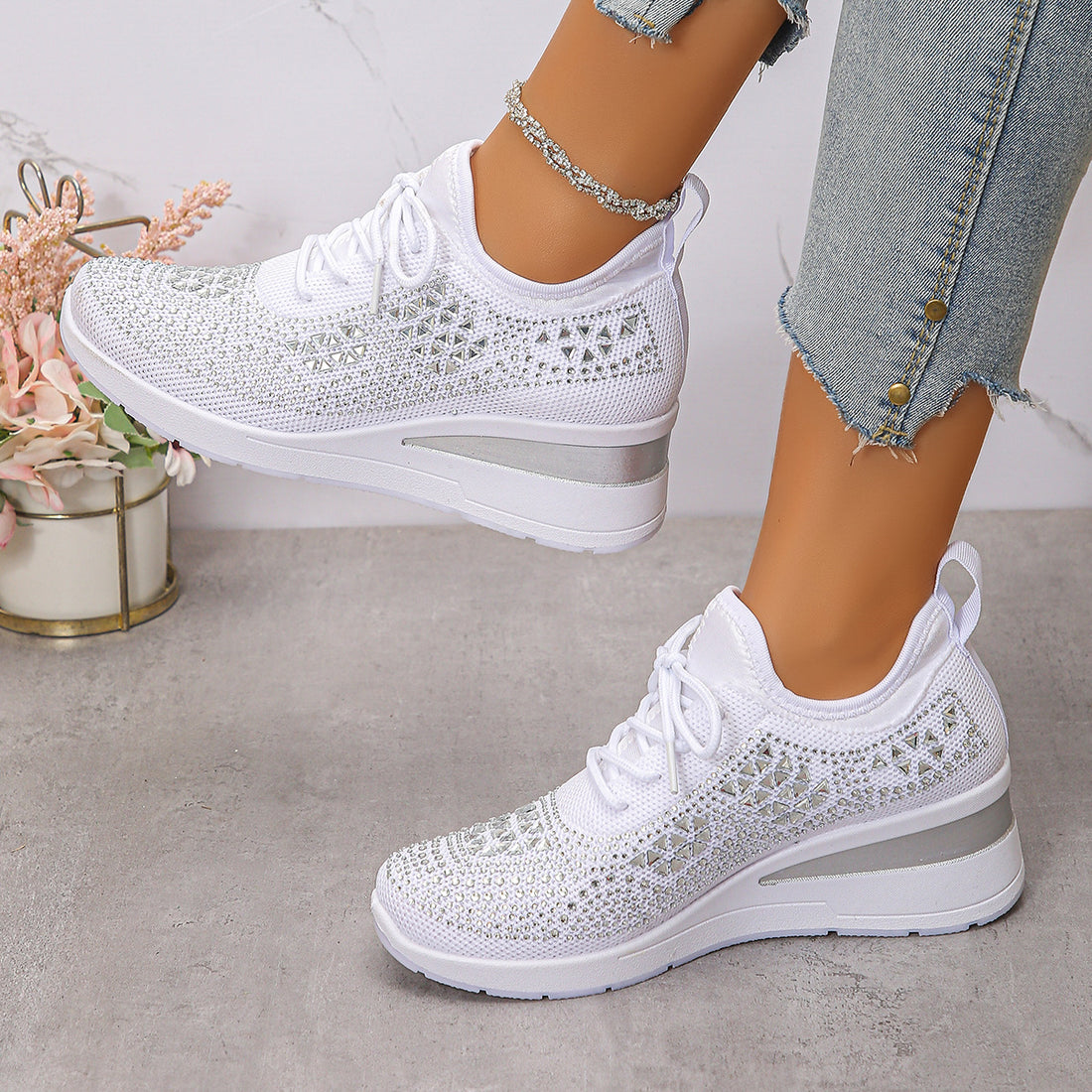 Ins Rhinestone Sneakers Fashion Lace Up Wedges Casual Shoes Women's Daily Commuting Sports Shoes - cas7m