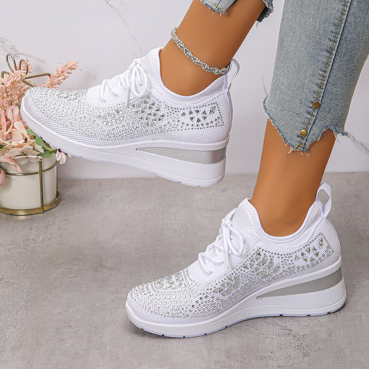 Ins Rhinestone Sneakers Fashion Lace Up Wedges Casual Shoes Women's Daily Commuting Sports Shoes - cas7m