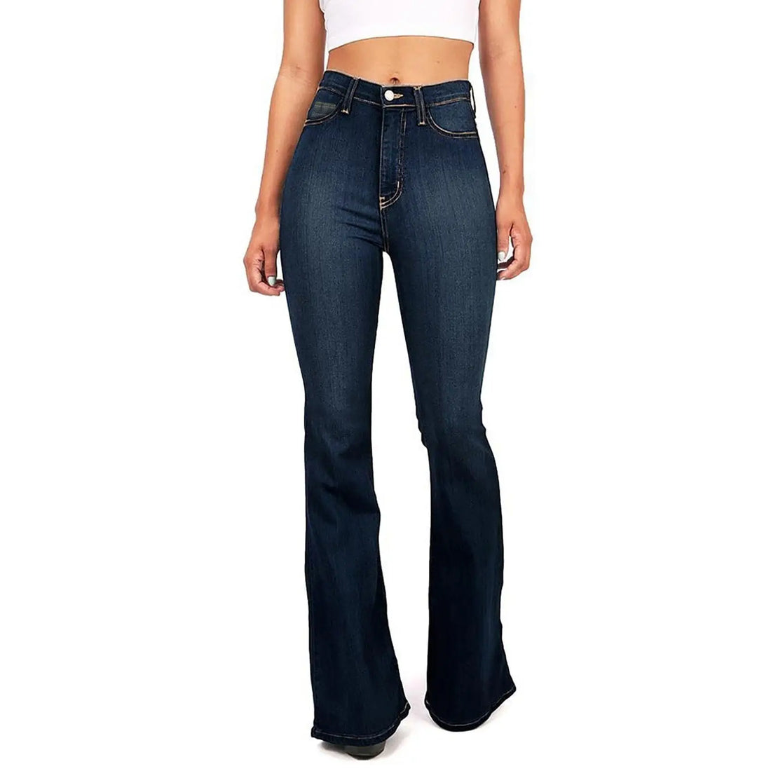 Person wearing blue flared jeans on a white background