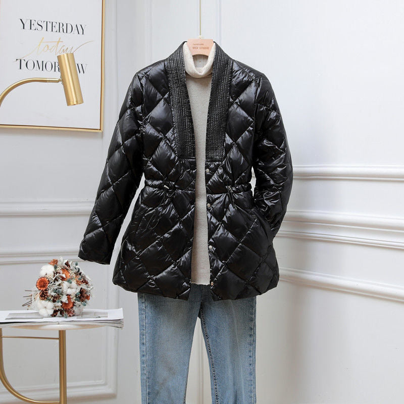 Rhombus Cotton-padded Jacket Women's Mid-length Large V-neck Jacket - cas7m