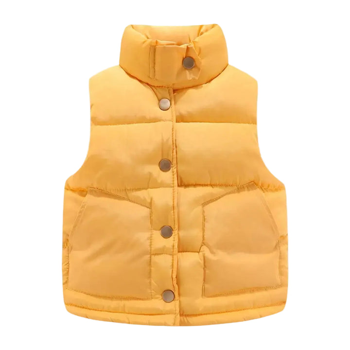 A yellow puffer vest with a high stand-up collar and snap-button closure, shown against a plain white background.