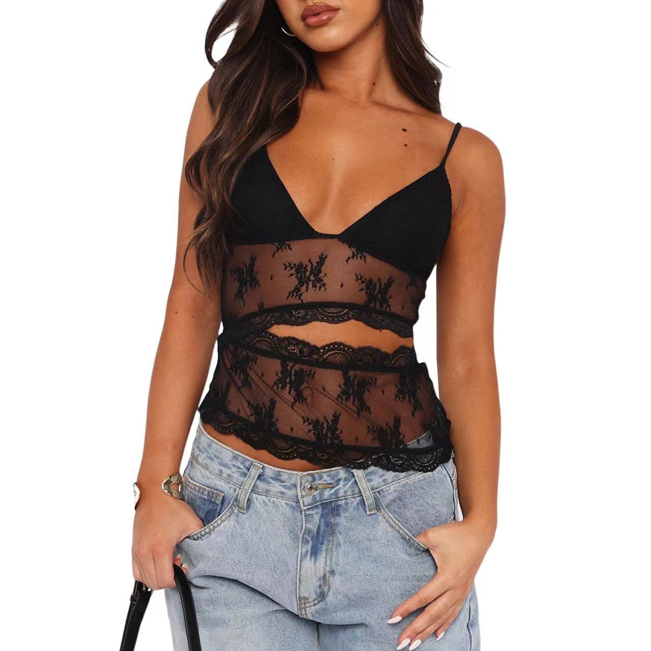 Lace Stitched Backless Small Sling Women V Neck Tank Top Underwear Vest Candy Color Bralette Clothes - cas7m