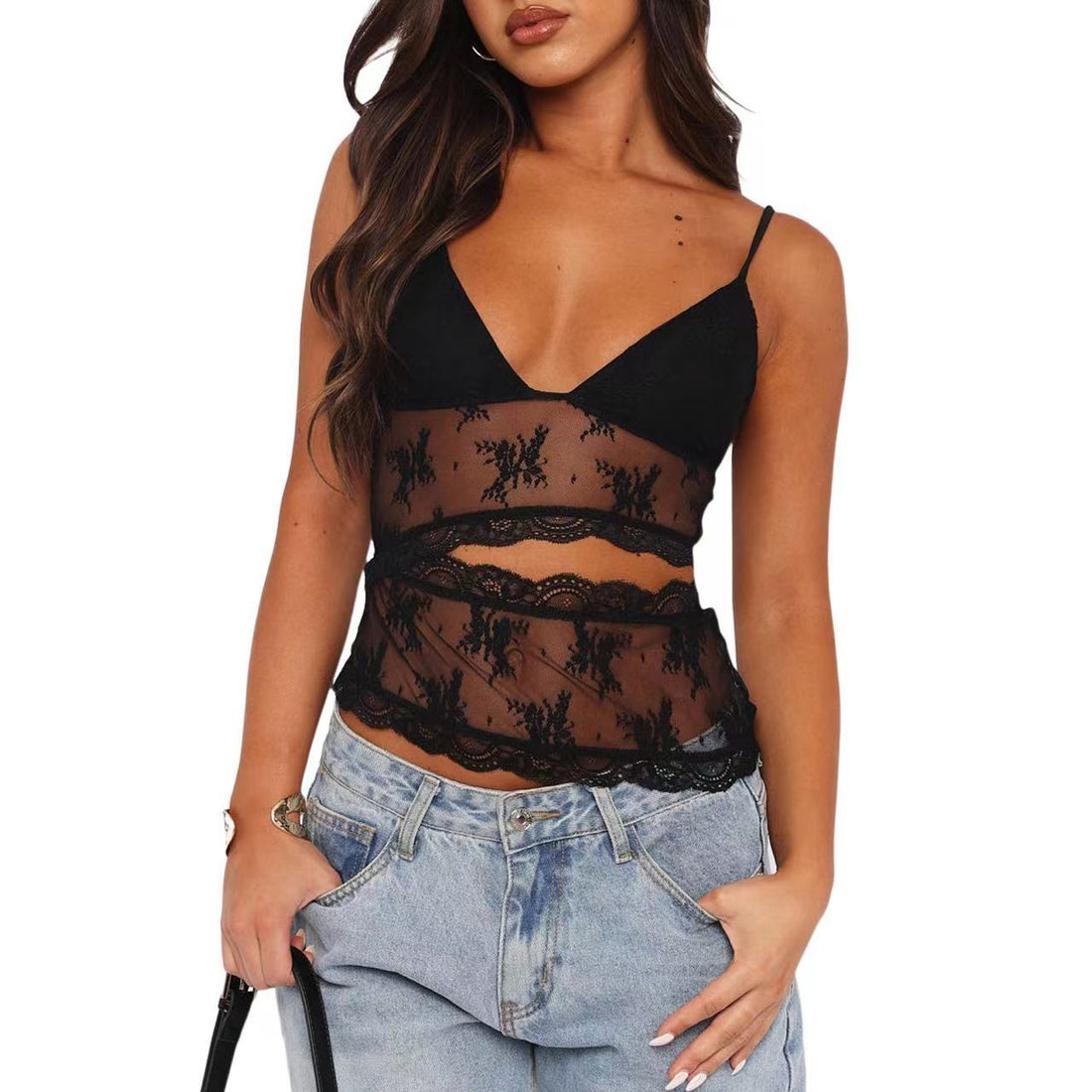 Lace Stitched Backless Small Sling Women V Neck Tank Top Underwear Vest Candy Color Bralette Clothes - cas7m
