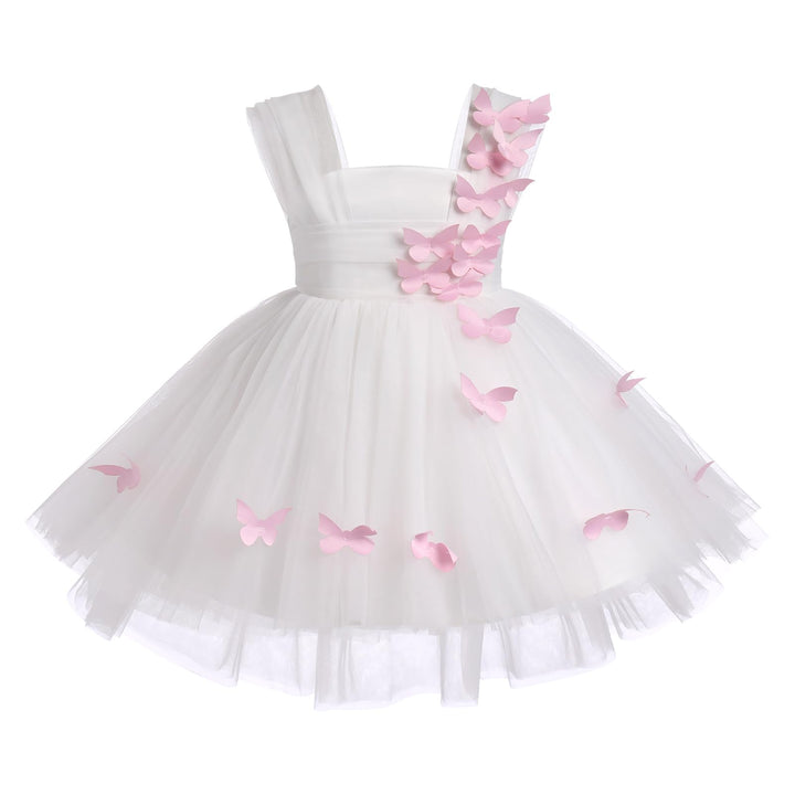 White dress with pink butterfly embellishments on a white background