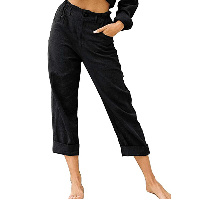 Patchwork Pant Women's Cotton Linen Pants Drawstring Back Elastic Waist Pants Loose Casual Trousers - cas7m