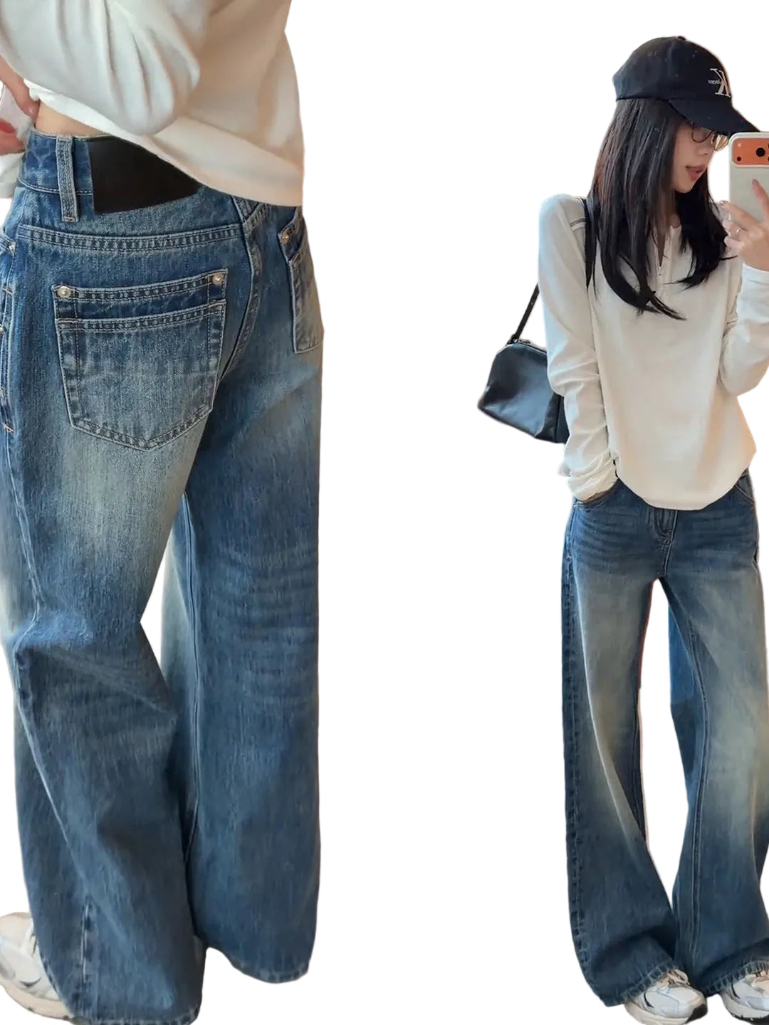 A split-screen photo showing a person wearing wide-leg blue denim jeans. The left panel is a close-up of the back of the jeans, and the right panel shows a full-body mirror selfie in an indoor setting.