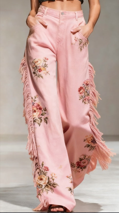 Retro Floral Print Fringed Wide-Leg Pants - cas7m