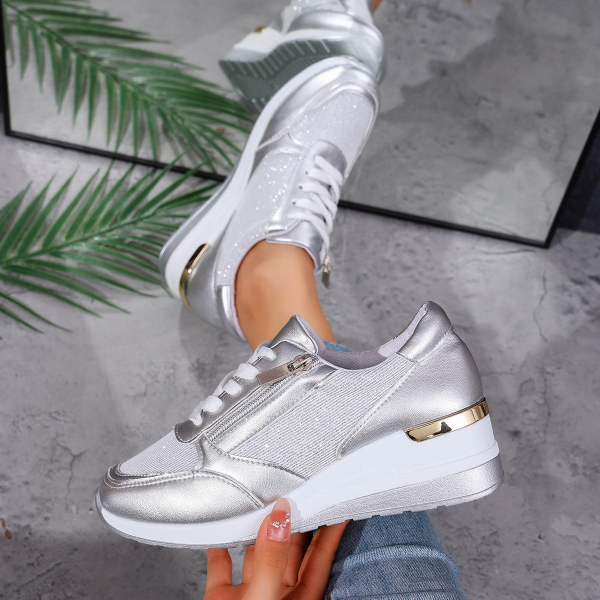 Women's Lace-up Casual Shoes FFashion Side Zipper Design Thick-soled Shoes Walking Running Sports Sneakers - cas7m