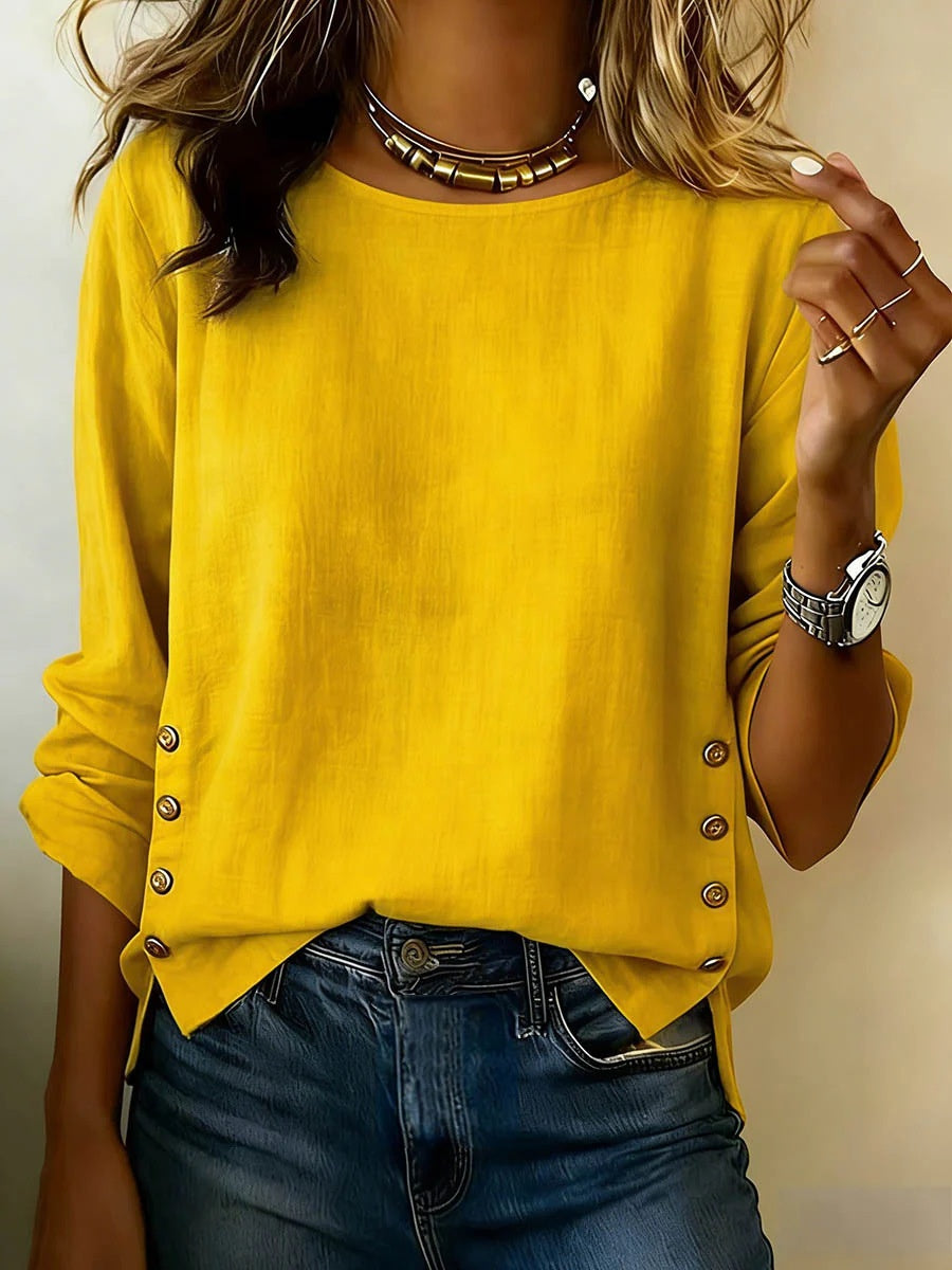 Summer Solid Color Round Neck Casual Loose Cotton And Linen Top For Women - cas7m