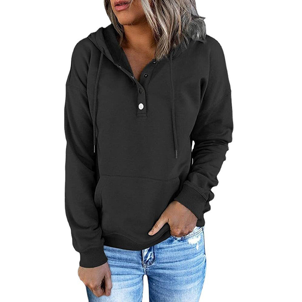Long-sleeved Hooded Sweatshirt With Pockets Fashion Casual Button Drawstring Design Hoodie Top Spring And Autumn Sports Clothing For Women - cas7m