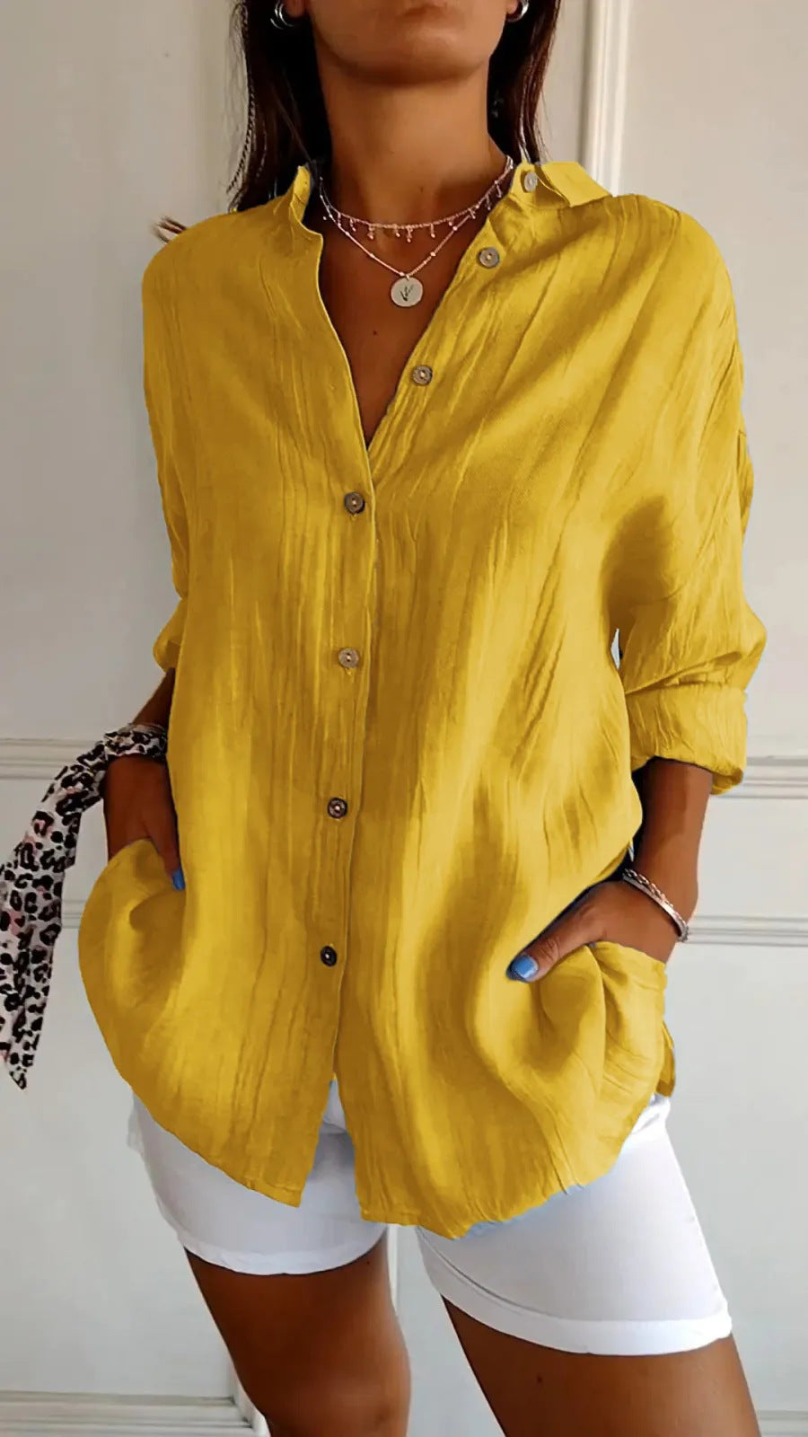 Lapel Long Sleeve Shirt Women's Single-breasted Pleated Shirt Tops Clothing - cas7m