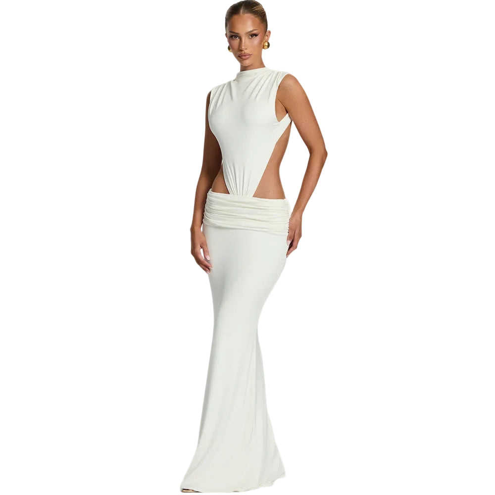 Woman wearing a white evening gown on a white background