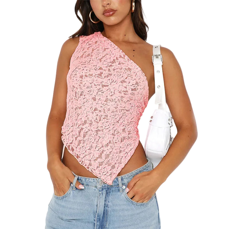 Ins Lace Backless Top Summer Solid Color Waistless Asymmetrical Sloped Neck Vest Streetwear Womens Clothes - cas7m