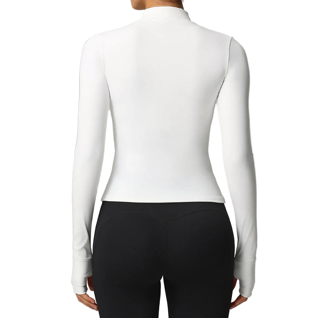 A person shown from the back wearing a fitted long-sleeve mock-neck top in white and black leggings, against a plain light gray studio background.