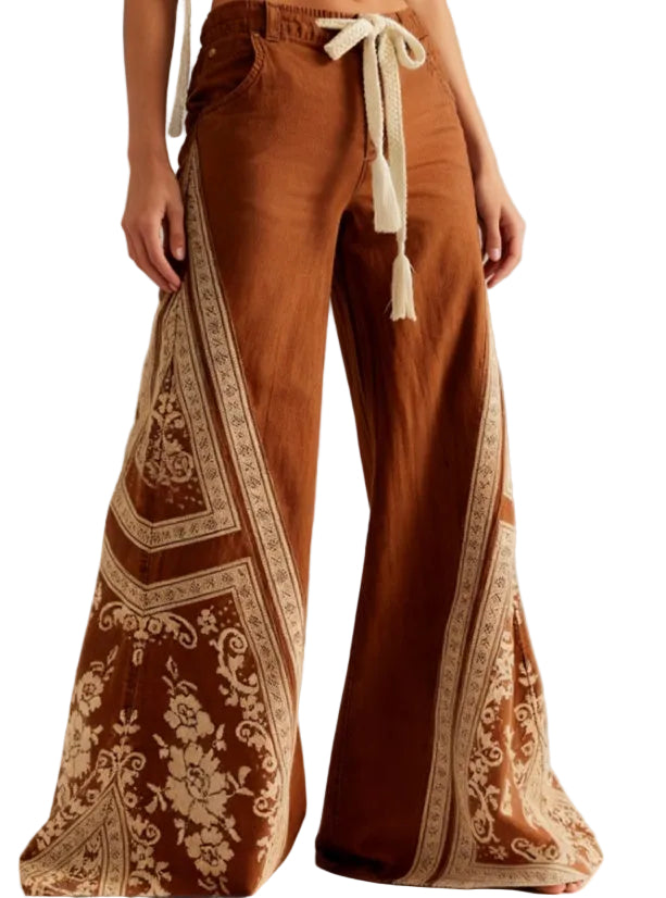 Women's Retro Patchwork Wide-Leg Pants, High-Waisted Drape Flared Pants, Ethnic Style Tie Casual Pants - cas7m