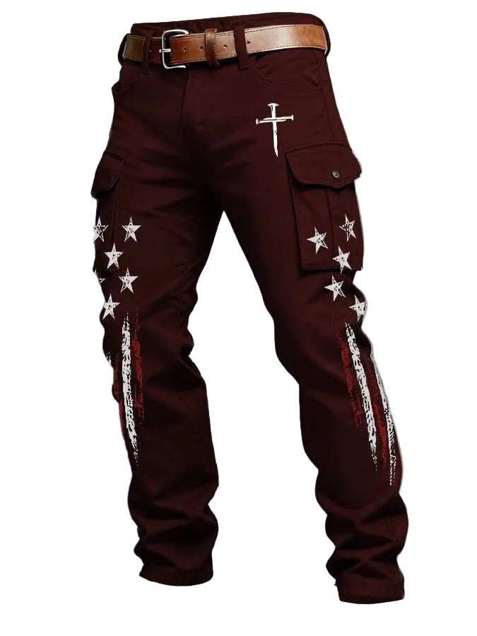 Brown cargo pants with star and cross designs on a textured gray background