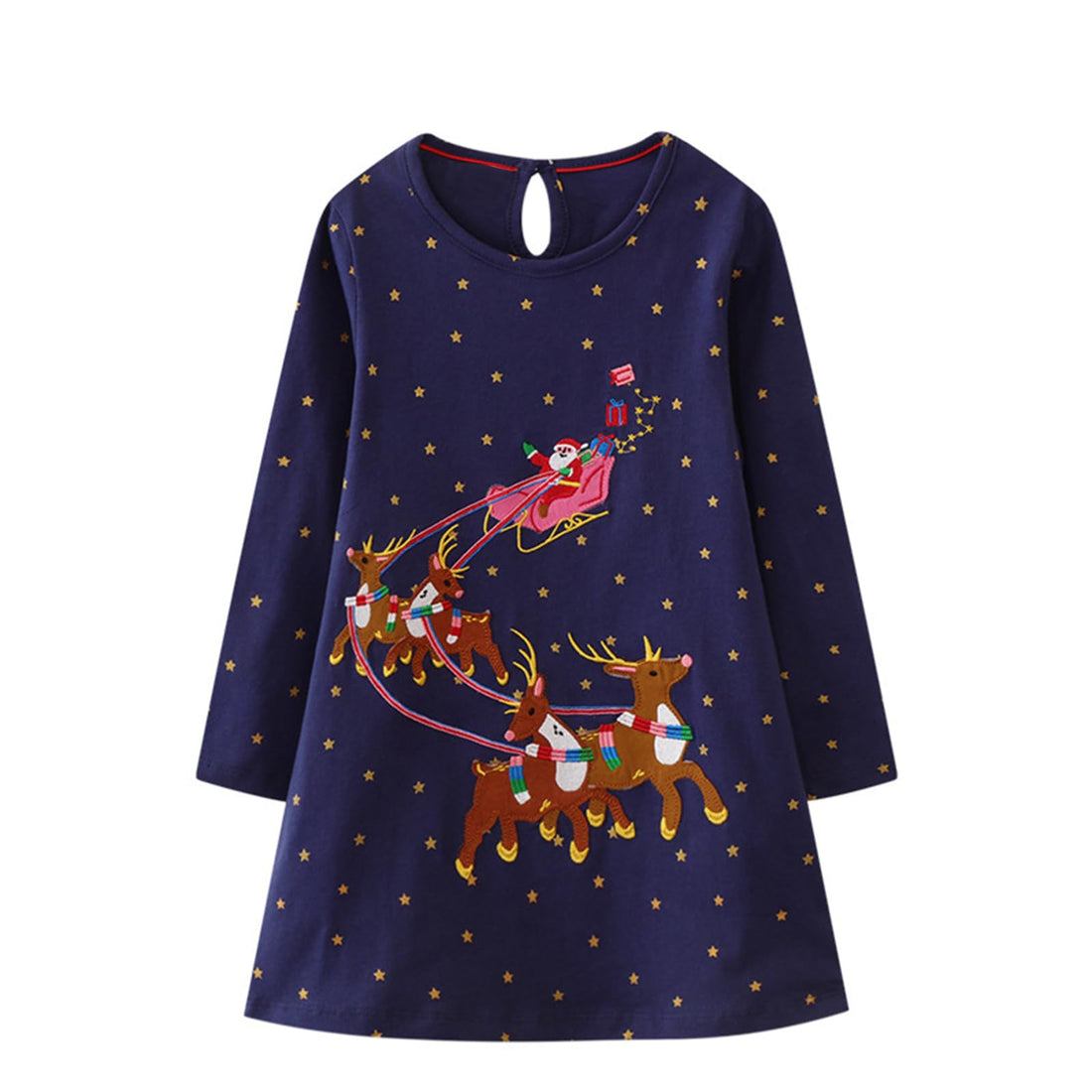 Navy blue dress with reindeer and Santa Claus design on a white background