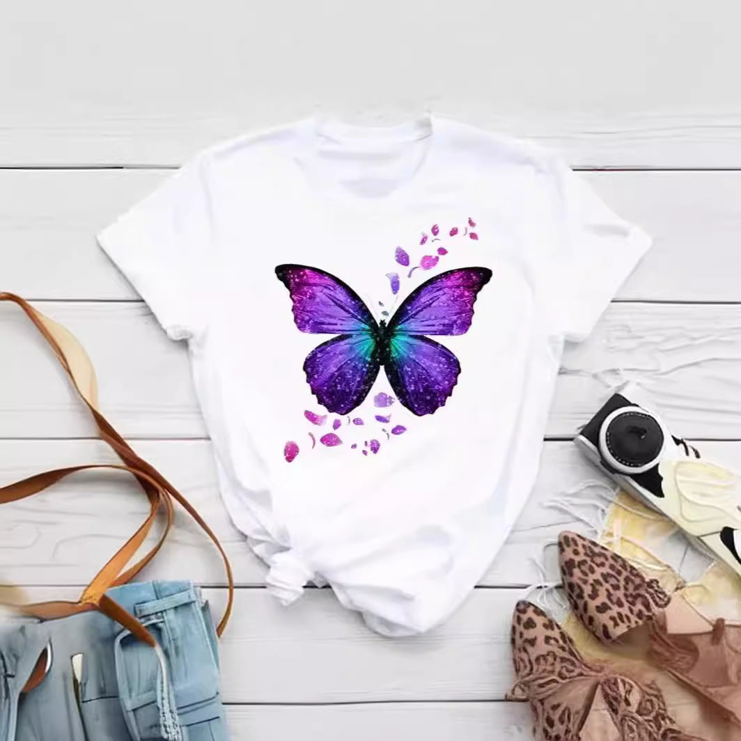 Colorized Butterfly Petal Printed T-shirt Short Sleeve Round Neck - cas7m
