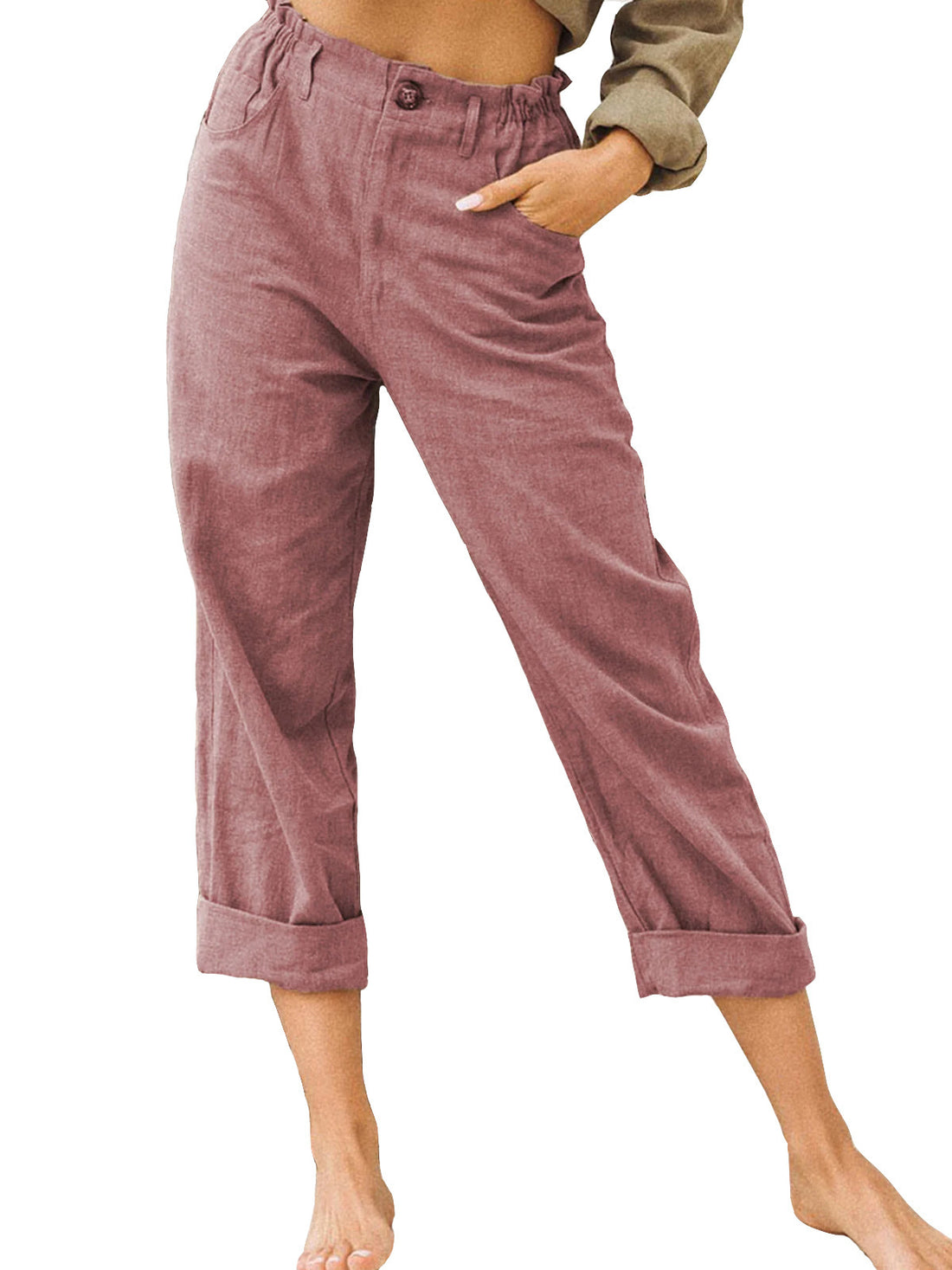 Patchwork Pant Women's Cotton Linen Pants Drawstring Back Elastic Waist Pants Loose Casual Trousers - cas7m