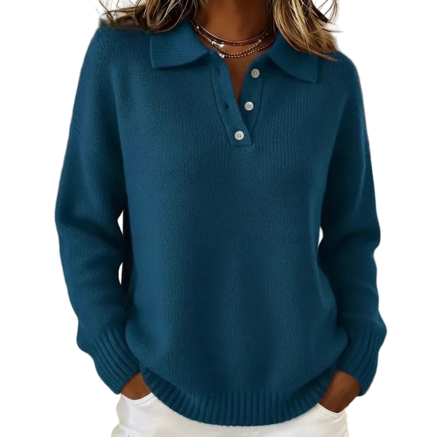 Loose And Soft Women's Lapel Long Sleeve Button Sweater - cas7m