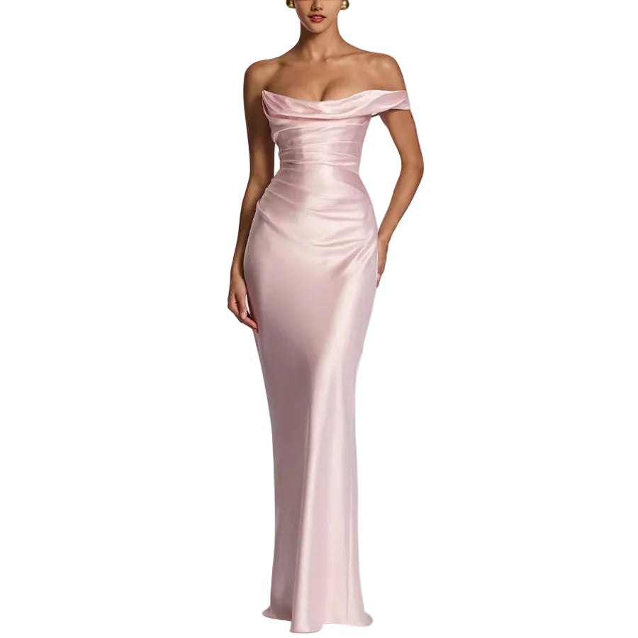 Pink strapless gown on a white background