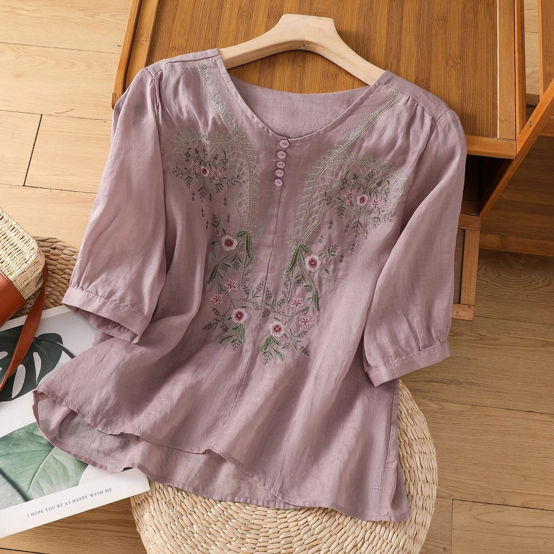 Short Sleeve Top Pullover Embroidered Chinese Women's Loose Slimming And All-matching - cas7m