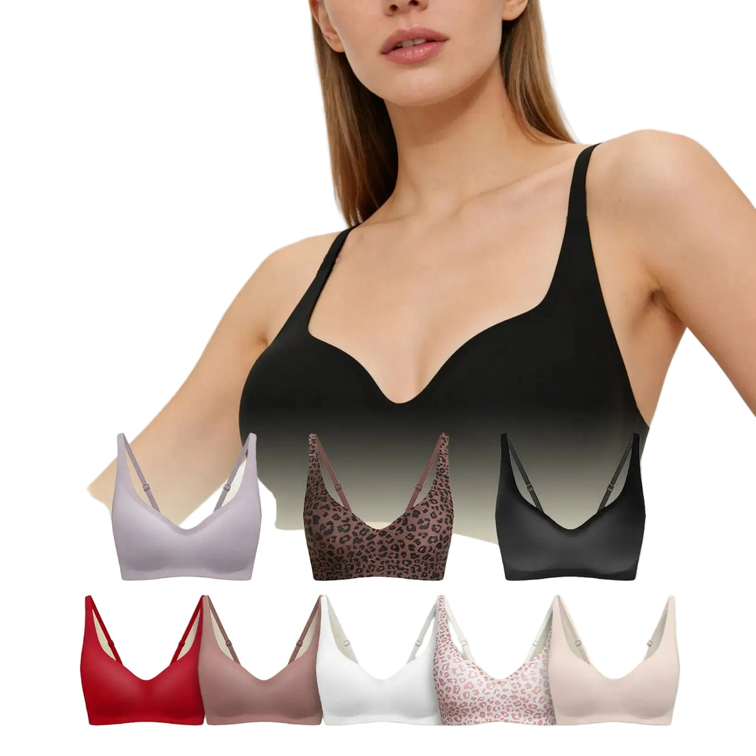 Woman wearing a black bra with inset images of other bras in various colors on a light background