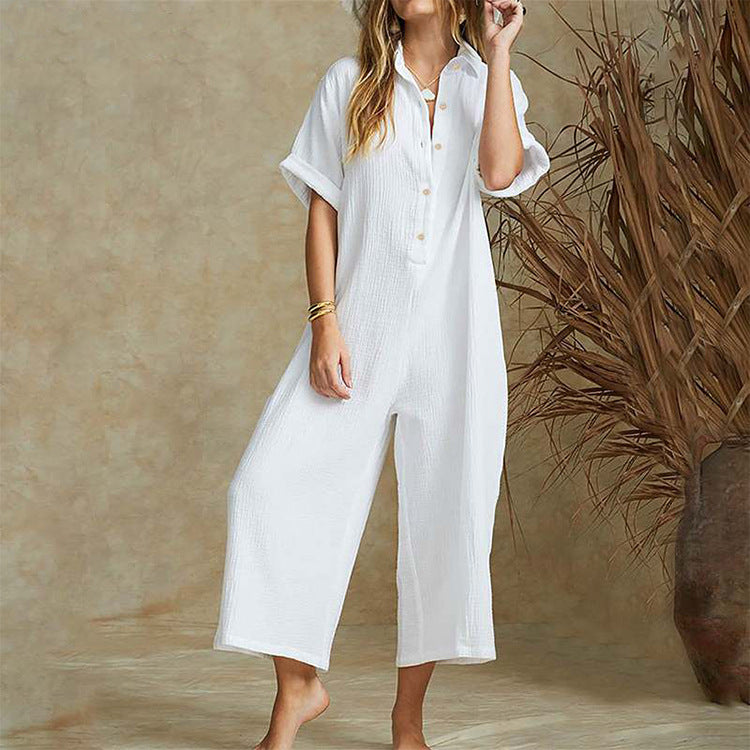 Casual Loose Long Jumpsuit Short Sleeve Rompers - cas7m