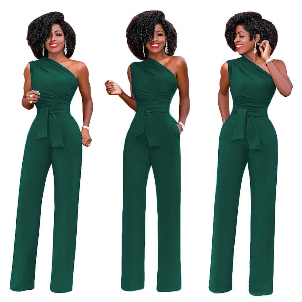 Solid color slant collar button up Jumpsuit - cas7m