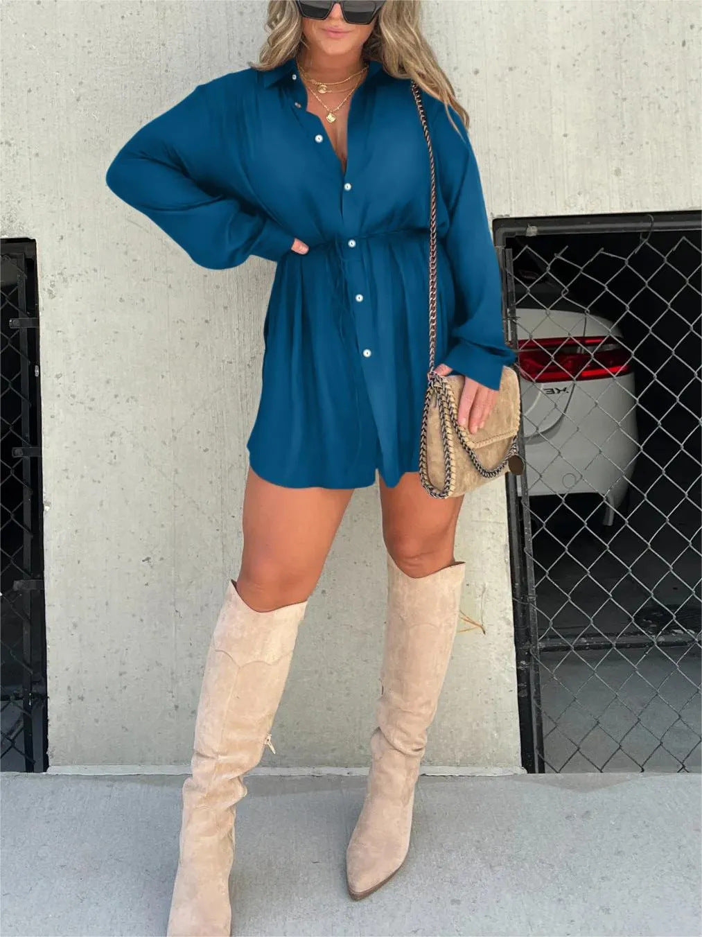 Women's Long Sleeve Jumpsuit With Button Fashion Shirt Dress - cas7m