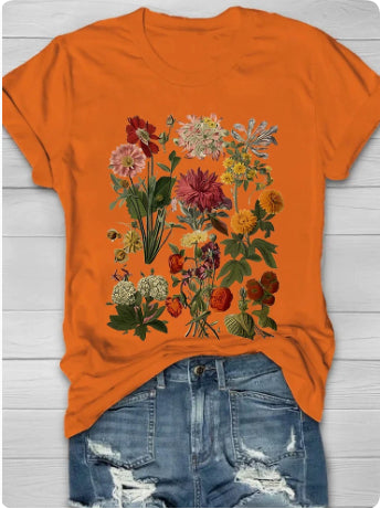 Flower Plant Print Casual Loose Round Neck Short Sleeve - cas7m