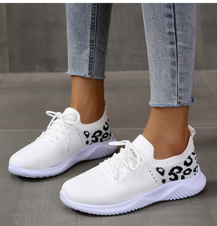 White Shoes Women Leopard Print Lace-up Sneakers Sports - cas7m