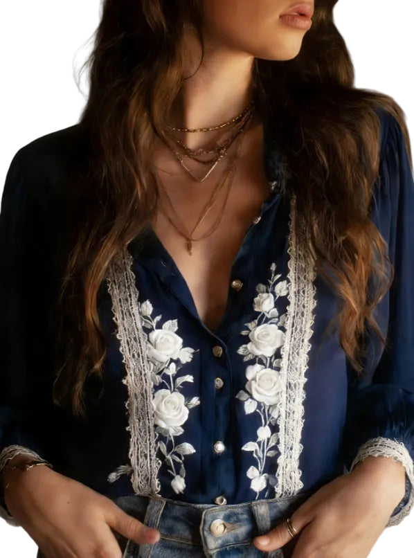 French Retro Style Lace Floral Print Shirt For Women - cas7m