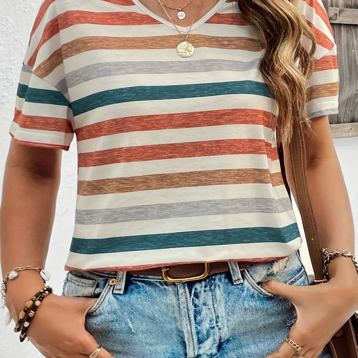 Casual Top Fashion Trend Stripes Short Sleeve Women V-neck - cas7m