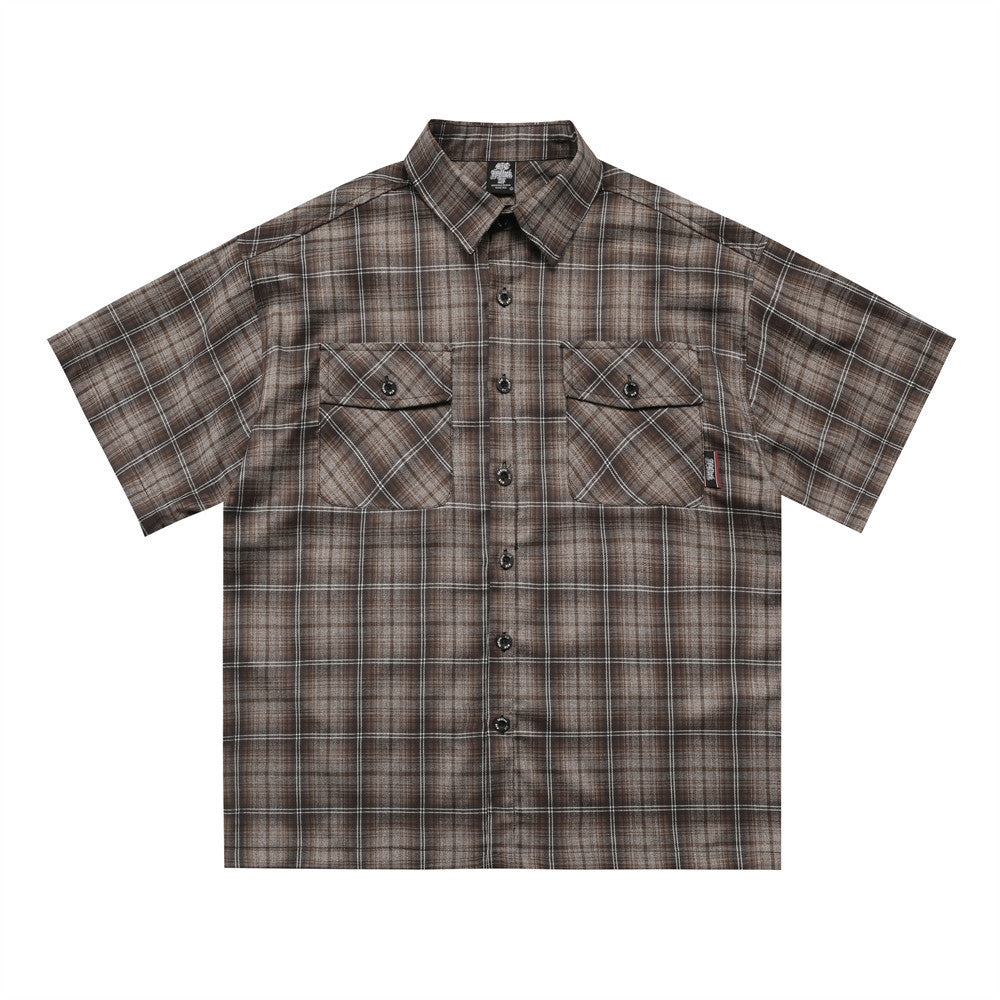 Letter Embroidered Short Sleeve Plaid Shirt Lapel Loose Shirt - cas7m